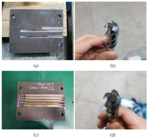 플라즈마 보조 열원이 없을 때, 공구 파손이 일어나기 전까지 절삭 가공된 거리 (a)와 파손된 엔드밀 공구 사진 (b) 및 플라즈마 보조 열원이 있을 때, 344 % 이상 가공된 거리 (c) 및 가공 후, 엔드 밀 공구 전면 사진