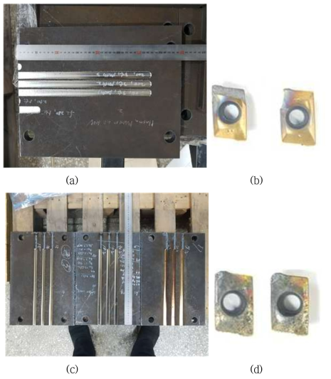 플라즈마 보조 열원이 없을 때, 공구 파손이 일어나기 전까지 절삭 가공된 거리(a)와 파손된 엔드밀 공구 사진 (b) 및 플라즈마 보조 열원이 있을 때, 300 % 이상 가공된 거리 (c) 및 가공 후, 엔드 밀 공구 전면 사진