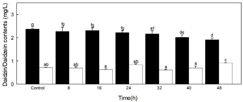 발효시간에 따른 발효 전, 후 daidzin 및 daidzein 함량 비교 - ■: daidzin, □: daidzein