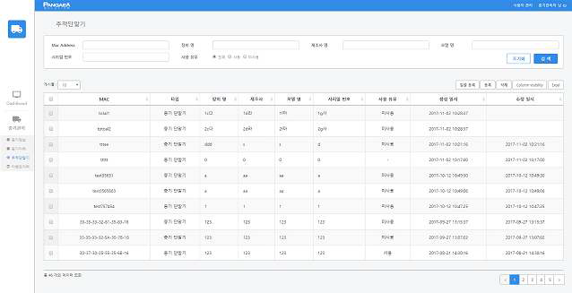 웹기반 이동형 장비 관리 모니터링 시스템 IoT 디바이스 관리 화면