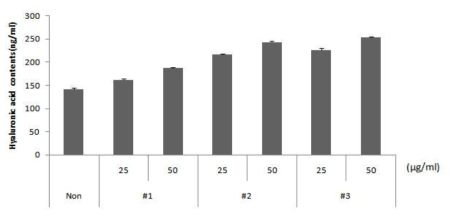 복합 유산균 발효추출물 #1~#3의 Hyaluronic acid 합성량