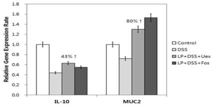 Relative gene expression rates in mucosal epithelium of descending colon of rats with oral administration of synbiotics of Lactobacillus plantarum VH13+ Undaria pinnatifida Sporophyll hot-water extract. Control, none; DSS, Dextran Sulfate Sodium; Lp, L. plantarum VH13; Uex, Undaria pinnatifida Sporophyll extract; Fos, Fructooligosaccharide