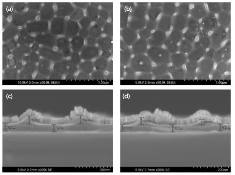 상용 LTPS 박막과 평가용 LTPS 박막 SEM 분석 Image ( a ) 상용 LTPS 박막 표면 image / ( b ) 평가용 LTPS 박막 표면 image ( c ) 상용 LTPS 박막 단면 image / ( d ) 평가용 LTPS 박막 단면 image
