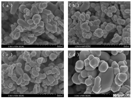 Polyacrylate 무기염계 전처리 후 하소 온도별 Ceria 분말 SEM Image ( a ) 700℃ / ( b ) 800℃ / ( c ) 900℃ / ( d ) 1,000℃