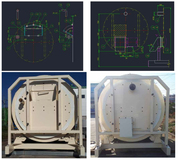 수정된 투입구와 배출구 설계도면 및 제품 사진
