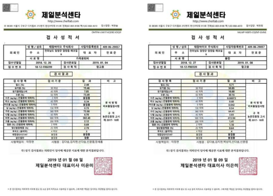 시험 전/후의 원료 시험성적서