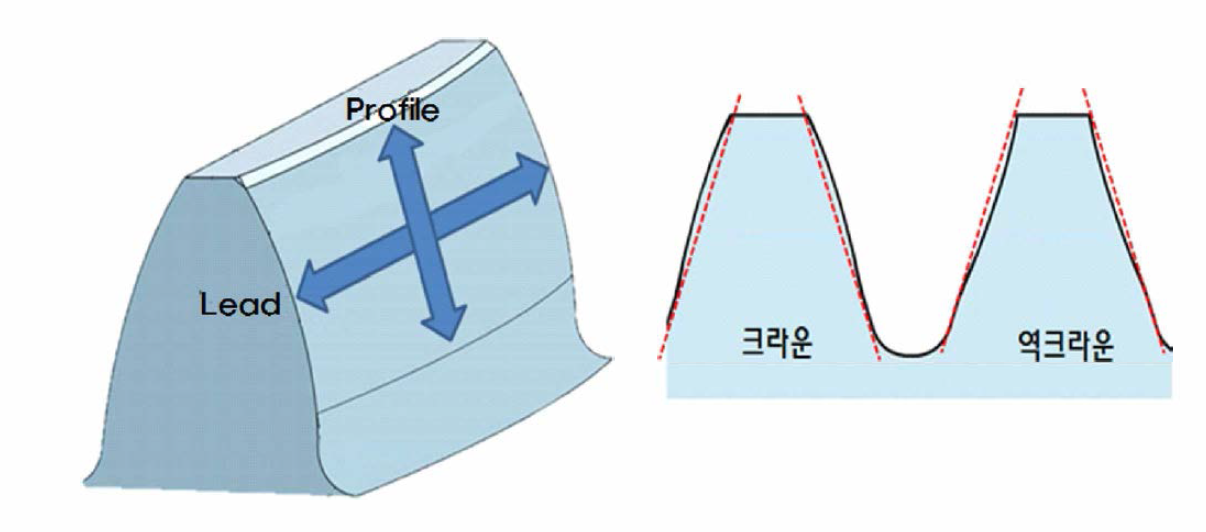 치형의 Profile 및 Lead와 크라운과 역크라운의 모식도