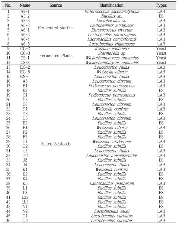 The strain list of isolated bacteria from various fermented foods