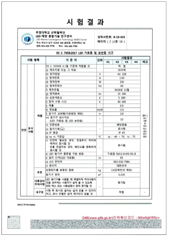한국표준규격 KS C 7658(2017) LED가로등기구 전항목 시험성적서