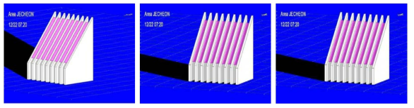 태양광 모듈 위치별 음영 간섭 분석 (왼쪽부터 차광 → 25mm → 평행위치)