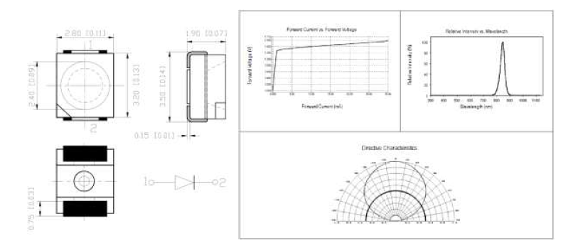 시험용 광원 적외선 영역 3528 Package LED Peak Wavelength 844.9nm