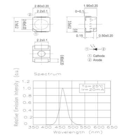 시험용 광원 BLUE영역 3528 Package LED Peak Wavelength 446.8nm