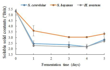 효모를 달리한 발효액의 가용성 고형분 함량 변화