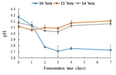 초기 당도에 따른 토마토 발효물의 pH 변화