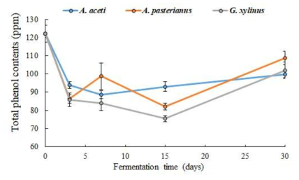 초산 균주에 따른 토마토 발효물의 총 페놀 함량 변화