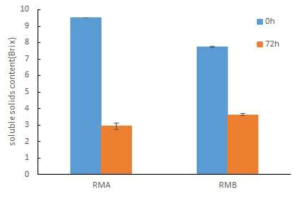 레드메론 상품과와 비상품과의 유산균 발효 전 후 Brix 변화 RMA:레드메론 상품과, RMB:레드메론 비상품과