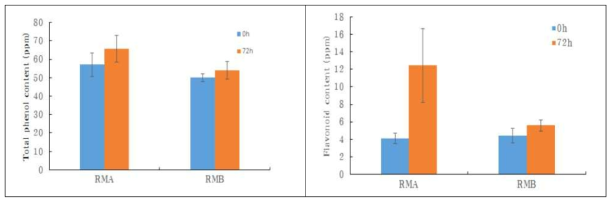 레드메론 상품과와 비상품과의 유산균 발효 전 후 총 페놀 및 플라보노이드 함량 변화 RMA:레드메론 상품과, RMB:레드메론 비상품과