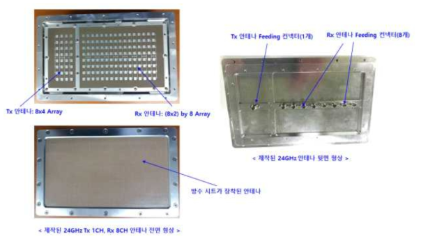 제작된 수신 8채널, 송신 1채널 패치 안테나의 형상