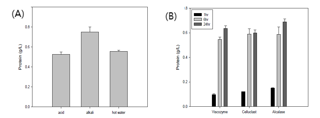 톳의 추출 조건에 따른 단백질 함량 (A) 산, 알칼리 및 열수추출, (B) 효소추출