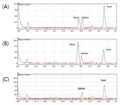 추출 조건에 따른 Hizikia fusiforme의 크로마토그램 (A) Viscozyme, (B) Celluclast and (C) Alcalase