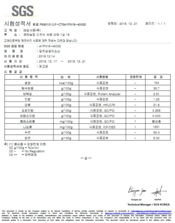 김치양념소스 공인기관 영양성분 분석결과