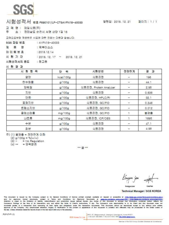 떡볶이소스 공인기관 영양성분 분석결과