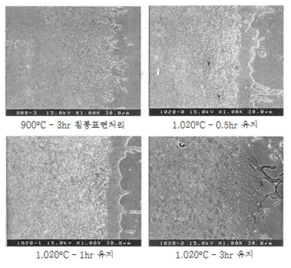 900℃-3hr 침붕표면처리 후 오스테나이트 열처리 유지시간에 따른 미세조직 변화