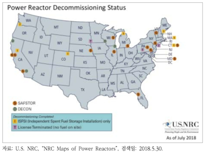 미국 원자력 발전소 해체 현황 지도
