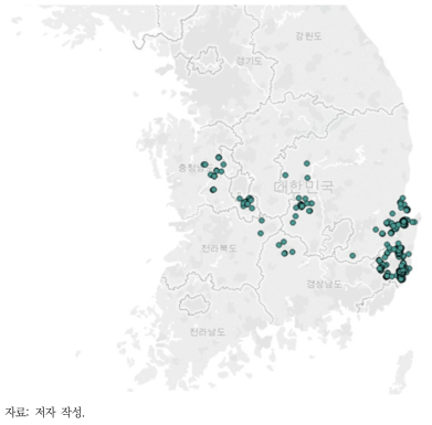 지진으로 인한 Natech 발생 가능성이 상대적으로 높은 지역의 사고대비물질 사업장의 공간적 분포