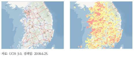 UCIS의 침수흔적 재해도(좌) 및 낙뢰 재해도(우)