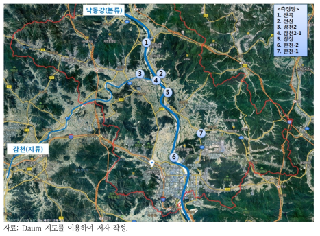 경북 구미시의 수질측정망 위치