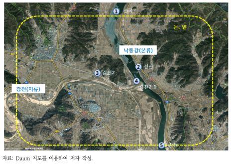 경북 구미시의 수질측정망 주변 위성사진