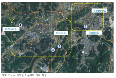 충남 공주시의 수질측정망 주변 위성사진