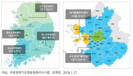 굴뚝 원격감시체계(좌), 수도권 사업장 총량관리에 따른 대기관리권역(우)