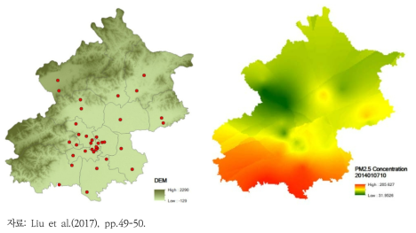 PM2.5 측정망(좌)과 PM2.5 데이터를 이용한 전 지역 농도 예측 지도(우)