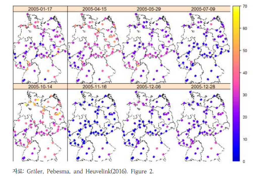 2005년 임의로 추출된 8일 독일 일평균 PM10 농도(mg/㎥)