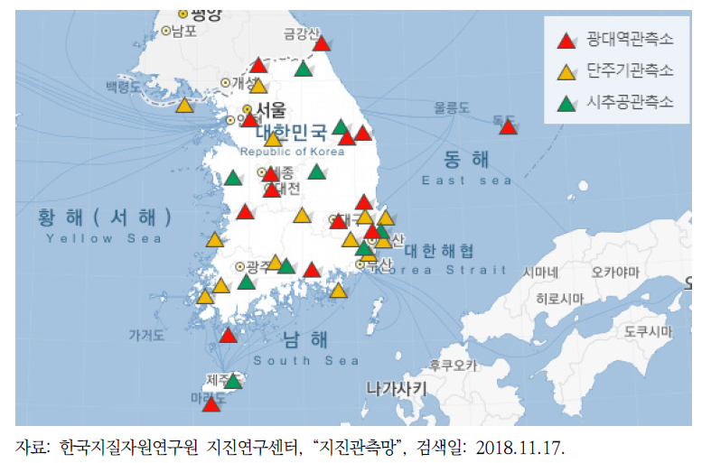 한국지질자원연구원 지진관측망도