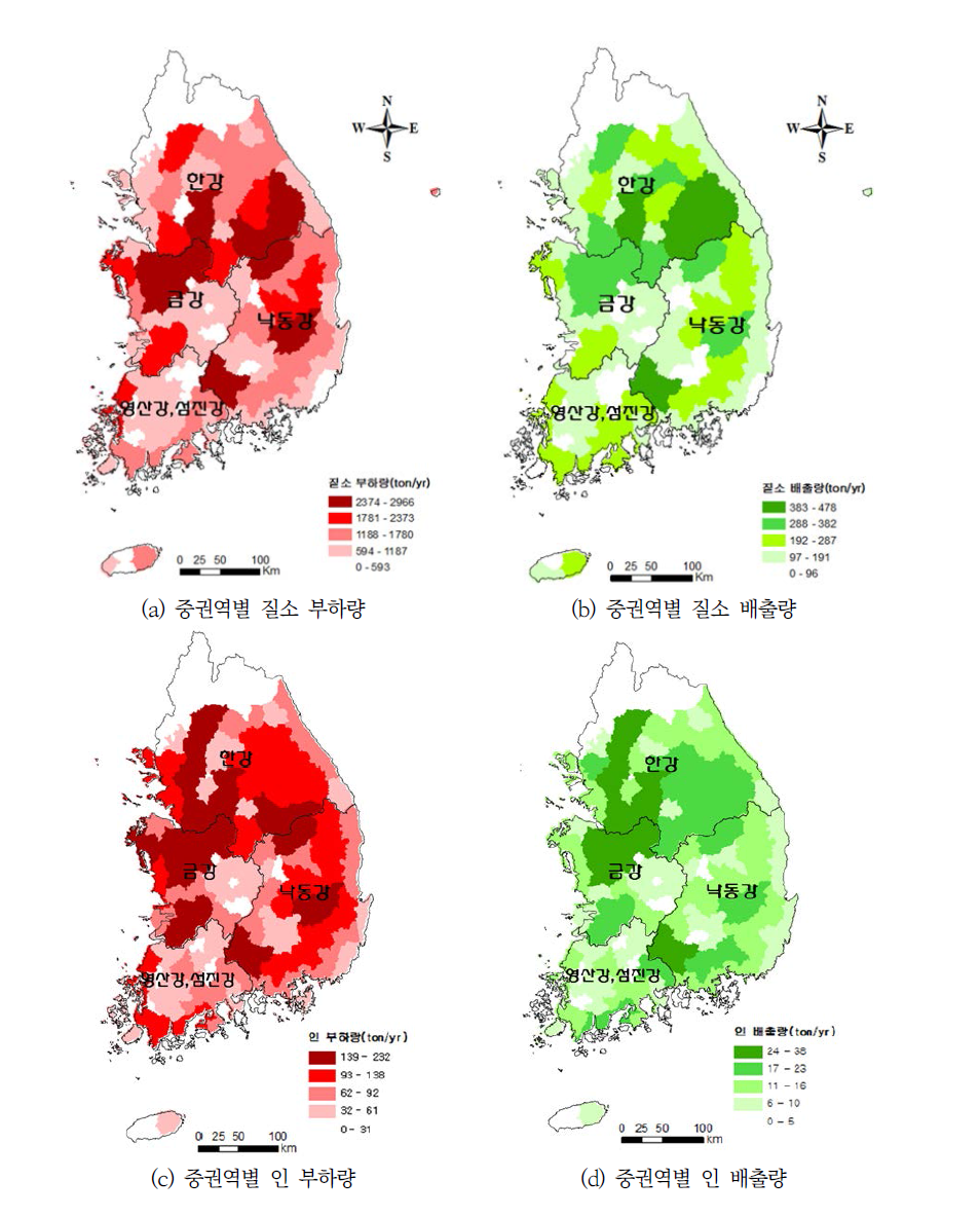 InVEST NDR 모델에 기반한 오염물질(질소, 인) 부하량 및 배출량