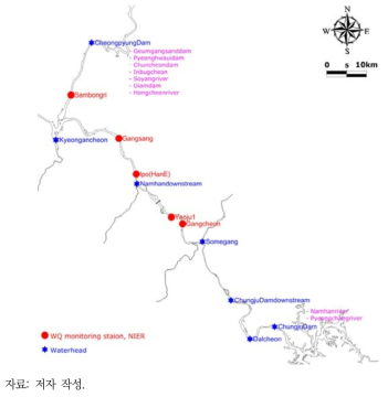 지천 유입 지점(★)과 수질 비교 위치(●)