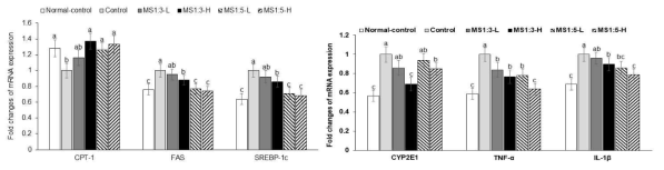 Fold changes of genes related to fatty acid synthesis and degradation (A) and genes related to inflammation (B)