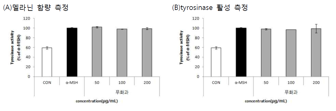 Effect of Ficus carica L. 70% EtOH extracts on melanin content (A), Tyrosinase activity (B)