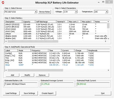 Microchip XLP Battery Life Estimator