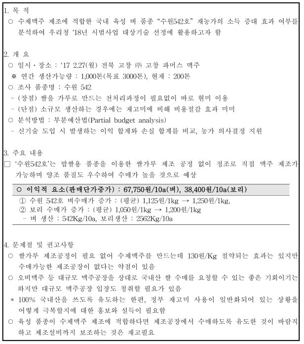 국내육성 벼 품종을 이용한 수제맥주 제품개발 및 산업화