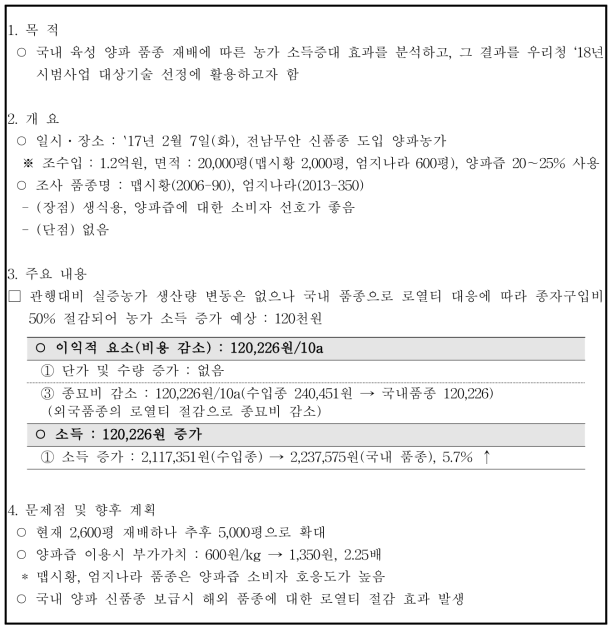 국내육성 양파 품종 재배농가 소득증대 효과