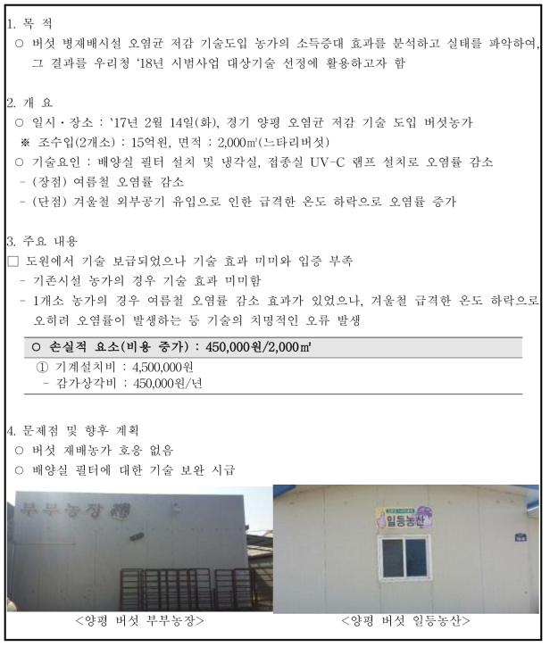 버섯 병 재배시설 오염균 저감 농가 소득증대 효과