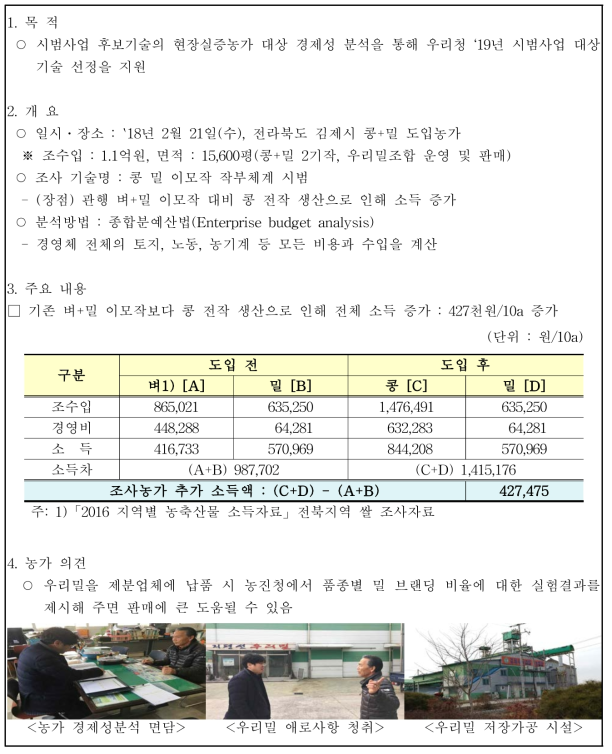 [콩 밀 이모작 작부체계] 실증농가 경제성분석 조사결과