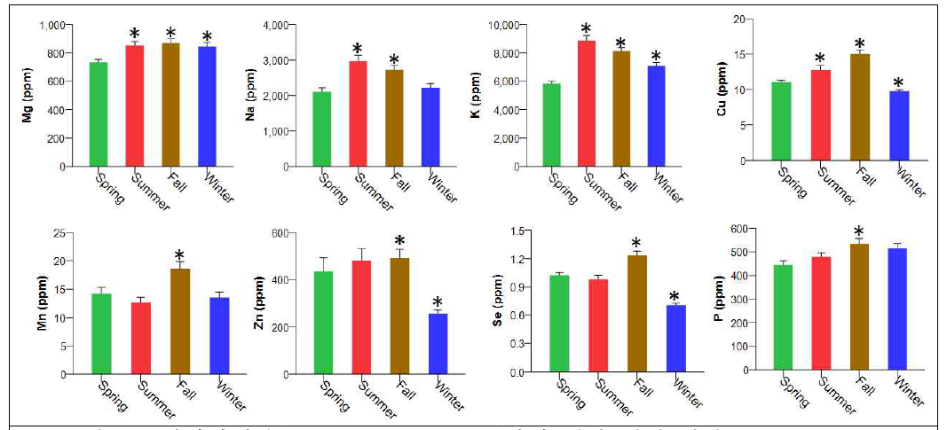헤어미네랄(major elements) 변화에 대한 계절 영향, *P <0.008 vs Spring