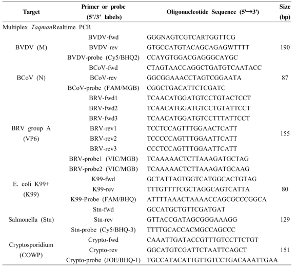 6종 병원체 검출을 위한 multiplex real-time PCR의 primer sets