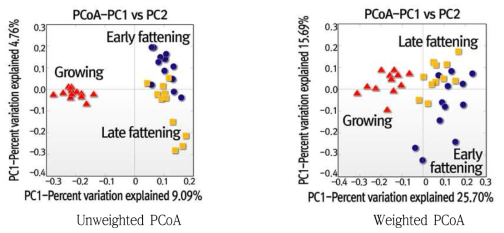 PCoA 활용 한우 사육단계별 반추미생물 유사성 분석