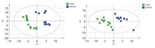 영양 수준에 따른 대사체 분포, 왼쪽(1차), 오른쪽(2차), score plot(PLS-DA)